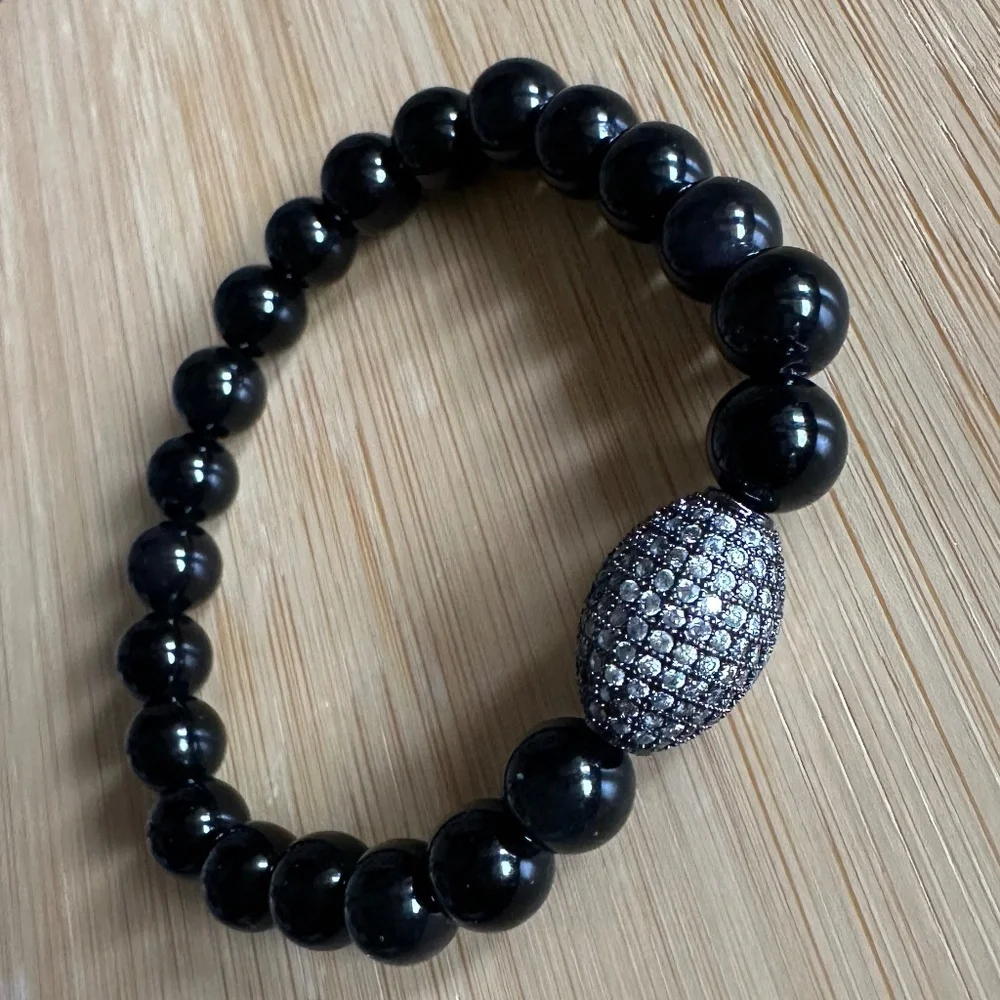 Black Onyx Beaded Bracelet 8mm Pave Crystal Spacer Stretch 6.25”